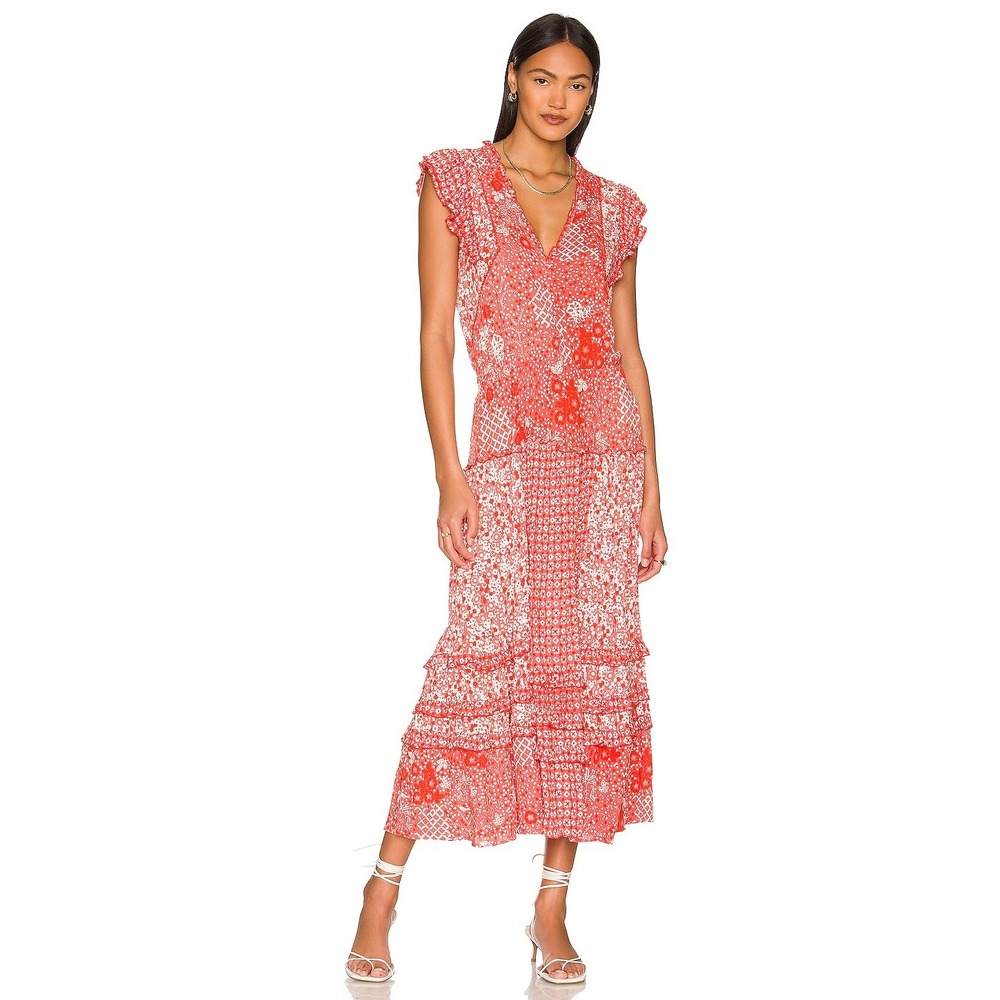 Poupette St Barth Paulina Midi Dress  Floral Red White Boho Cottagecore Summer